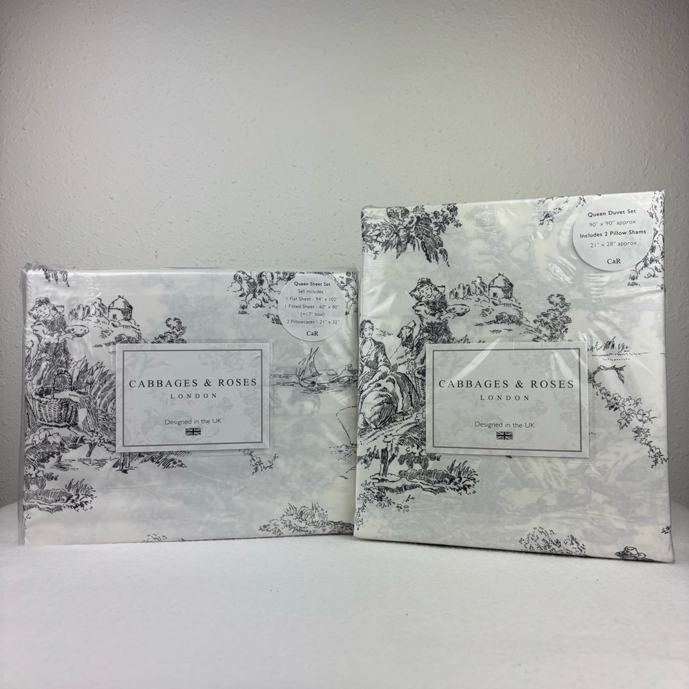 Cabbages & Roses QUEEN Country Toile Duvet Cover Set  and QUEEN Sheet Set COMBO